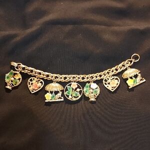 Gold-Tone Floral Charm Bracelet with Green and Pink Accents.Vintage 7 Inch